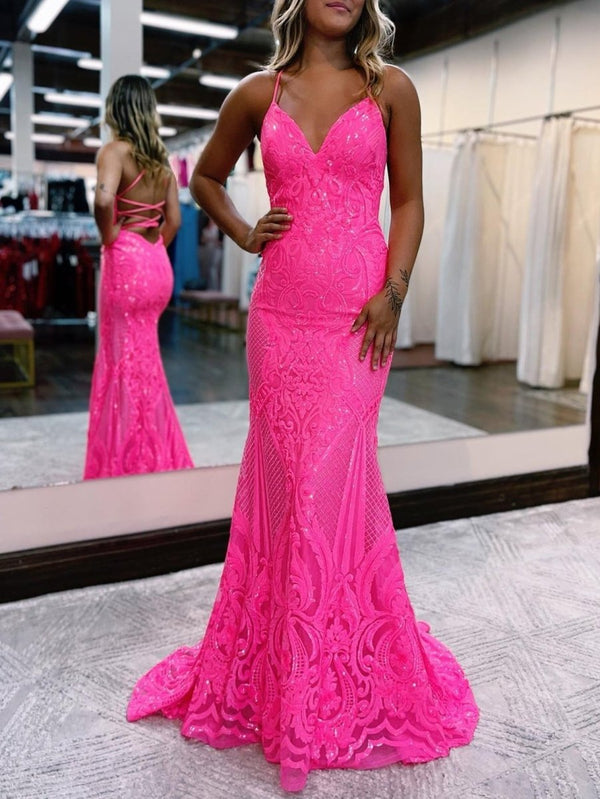 Spaghetti Straps Pink Glitter Backless Mermaid Bodycon Long Prom Dress – Prom Dress by KissProm | Available at KissProm