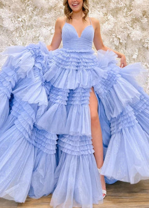 Tulle Deep V Neck Spaghetti Straps Long Prom Dress – Prom Dress by KissProm | Available at KissProm
