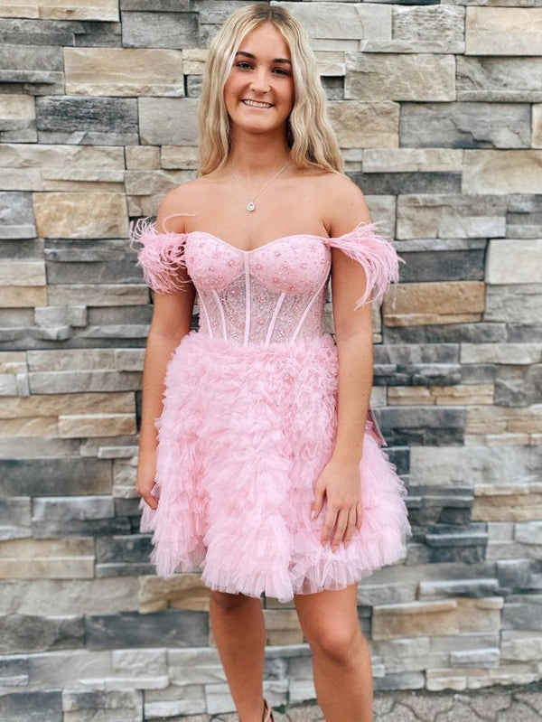 Olivia | A Line Off the Shoulder Light Blue Short Homecoming Dress with Feather