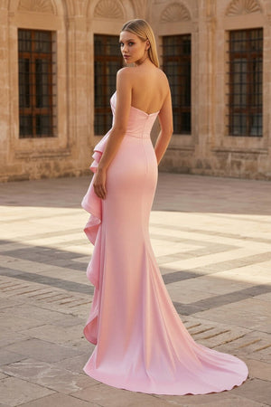 Pink Mermaid Strapless Satin Ruffled Long Prom Dresses with Slit - KissProm