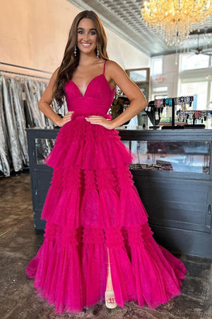 Tulle Deep V Neck Spaghetti Straps Long Prom Dress – Prom Dress by KissProm | Available at KissProm