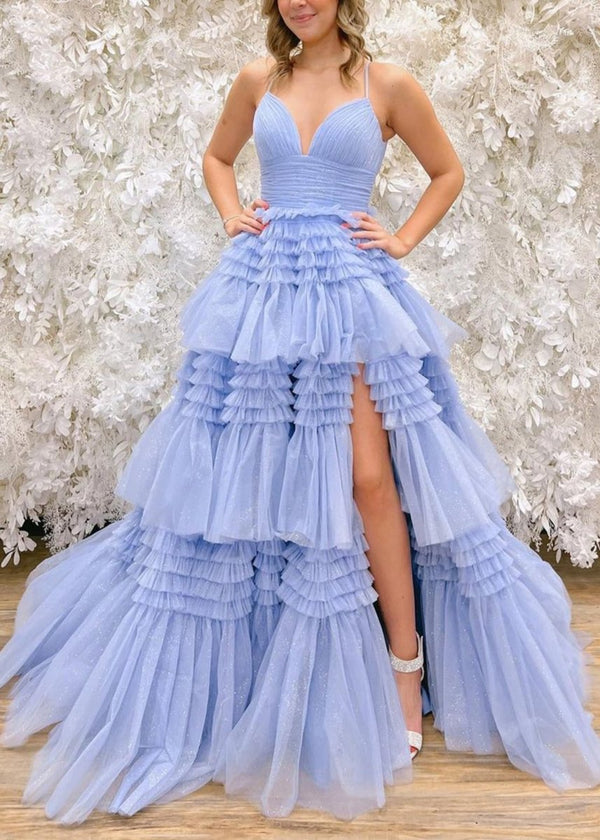 Tulle Deep V Neck Spaghetti Straps Long Prom Dress – Prom Dress by KissProm | Available at KissProm