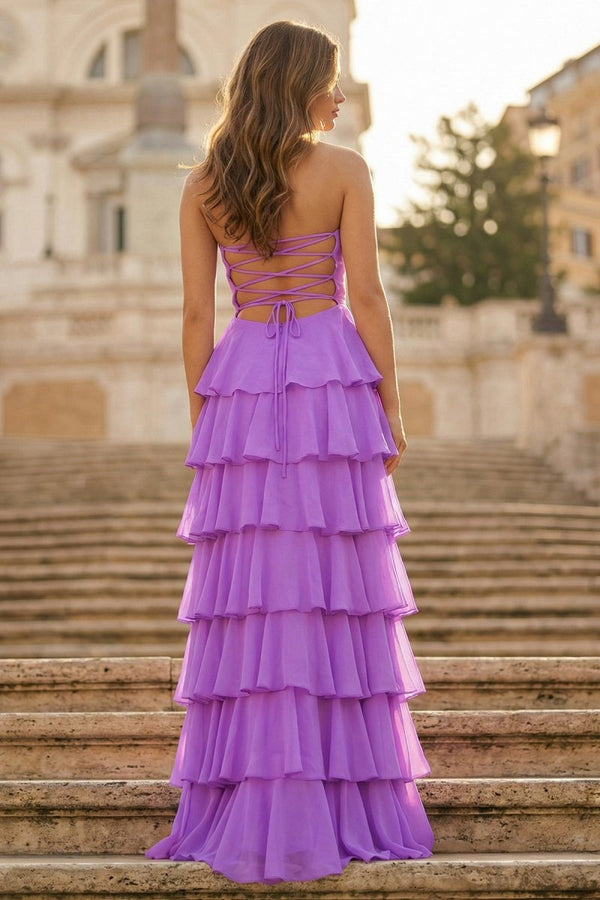 Purple Strapless A Line Chiffon Long Prom Dress With Ruffles - KissProm