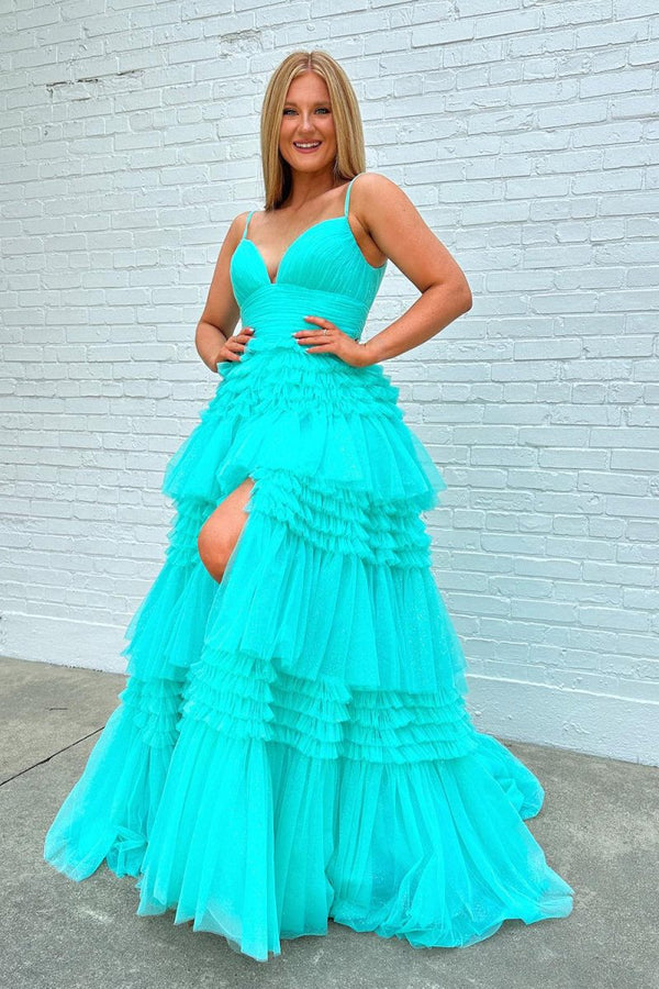 Tulle Deep V Neck Spaghetti Straps Long Prom Dress – Prom Dress by KissProm | Available at KissProm