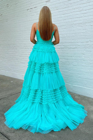 Tulle Deep V Neck Spaghetti Straps Long Prom Dress – Prom Dress by KissProm | Available at KissProm