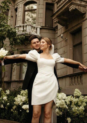 Zola | Bodycon Square Neck Satin Short Wedding Dresses with Lantern Sleeves