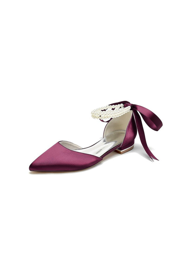 Pointed Toe Pearl Ribbon Ankle Strap Kitten Heels - KissProm