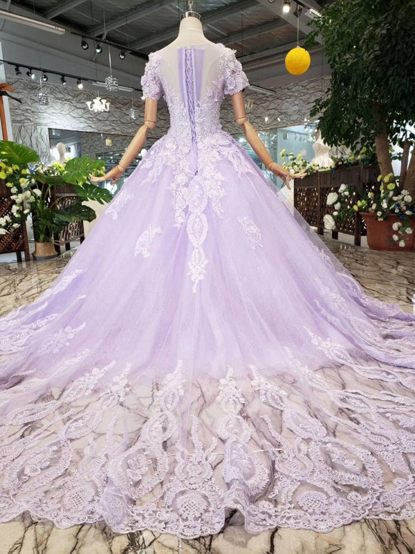 Quinceanera Dress Ball Gown Short Sleeves Beaded Prom Dresses With Appliques - KissProm