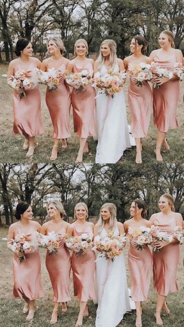 Spaghetti Straps Cowl Neck Tea-Length Champagne Sheath Bridesmaid Dress – Bridesmaid Dresses by KissProm | Available at KissProm