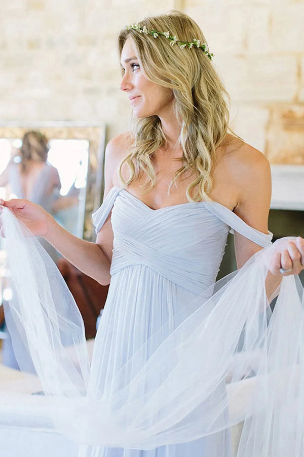 Light Blue A - Line Off the Shoulder Long Chiffon Boho Bridesmaid Dress - KissProm
