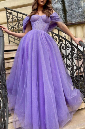 Cheyenne | Purple Tulle Long A-Line Prom Dress Off the Shoulder Evening Party Dress