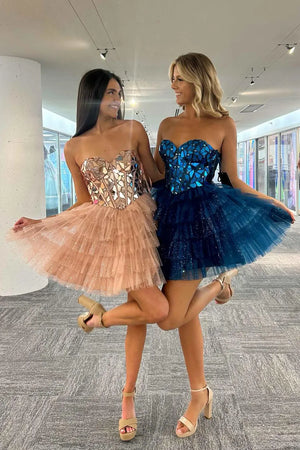 Sparkly Champagne Sweetheart A-Line Tulle Tiered Homecoming Dress – Homecoming Dresses by KissProm | Available at KissProm