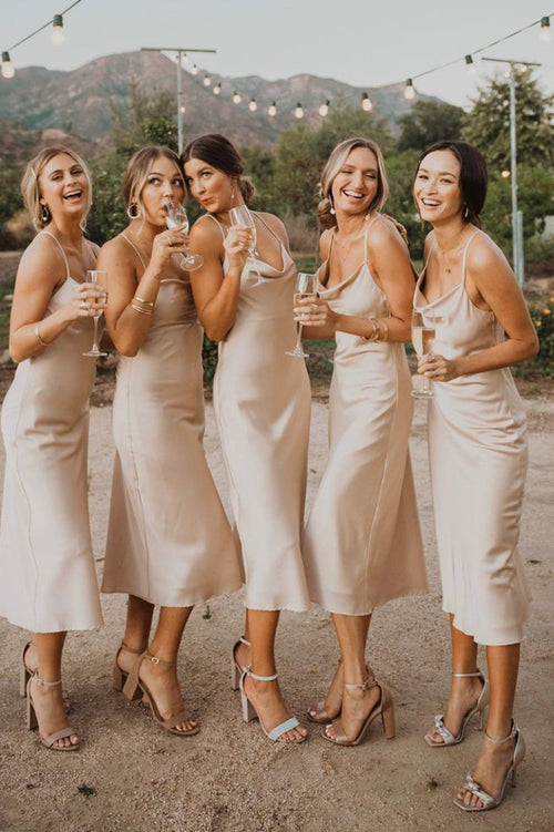 Spaghetti Straps Cowl Neck Tea-Length Champagne Sheath Bridesmaid Dress – Bridesmaid Dresses by KissProm | Available at KissProm