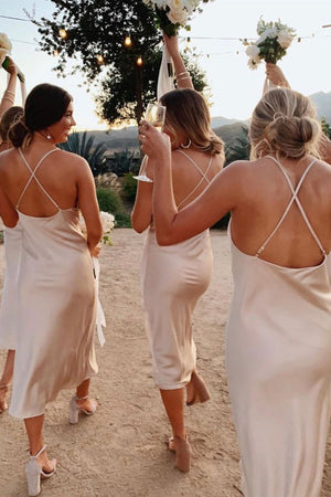 Spaghetti Straps Cowl Neck Tea-Length Champagne Sheath Bridesmaid Dress – Bridesmaid Dresses by KissProm | Available at KissProm