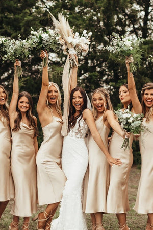 Spaghetti Straps Cowl Neck Tea-Length Champagne Sheath Bridesmaid Dress – Bridesmaid Dresses by KissProm | Available at KissProm