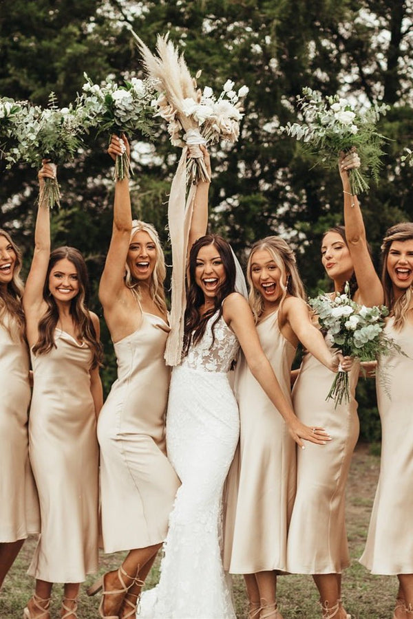 Spaghetti Straps Cowl Neck Tea-Length Champagne Sheath Bridesmaid Dress – Bridesmaid Dresses by KissProm | Available at KissProm