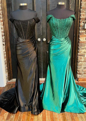 Mermaid Off the Shoulder Satin Prom Dress with Slit – Prom Dress by KissProm | Available at KissProm