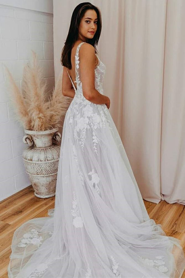 Malaya | A-Line V Back Long White Wedding Dress with Lace Appliqued