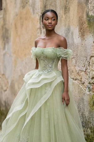 Green Tulle Lace Long Prom Dress with Corset, Green Formal Party Dress – Prom Dress by KissProm | Available at KissProm