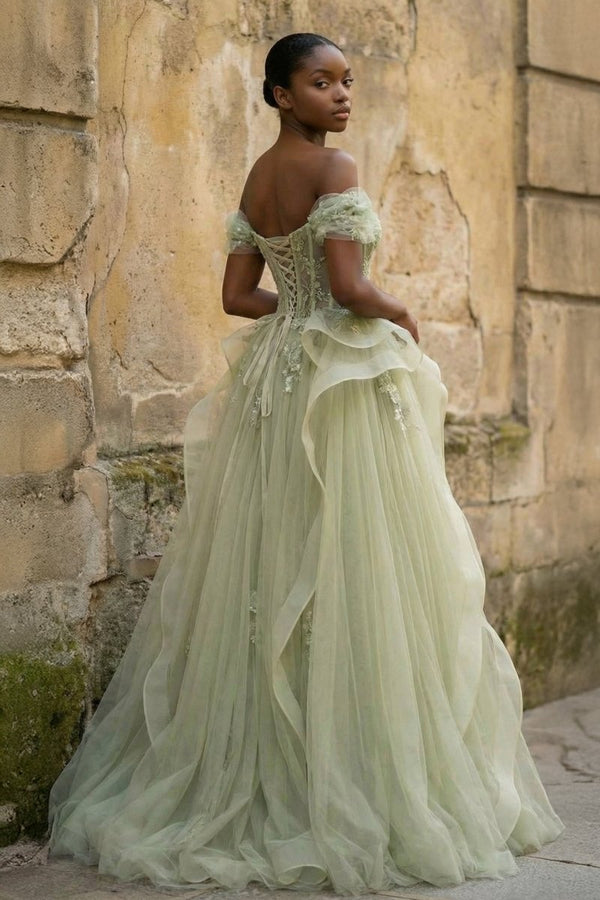Green Tulle Lace Long Prom Dress with Corset, Green Formal Party Dress – Prom Dress by KissProm | Available at KissProm