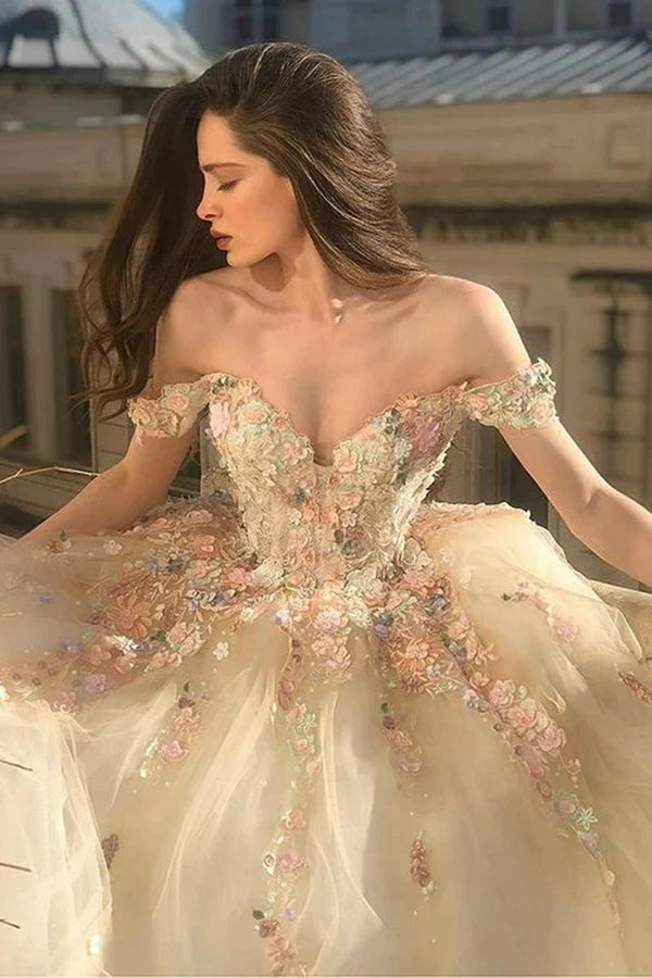 Narelle | Off Shoulder Long Champagne Lace Champagne Quinceanera Dresses