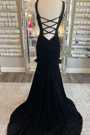 Emerald Velvet V - Neck Cutout Back Mermaid Long Formal Dress - KissProm