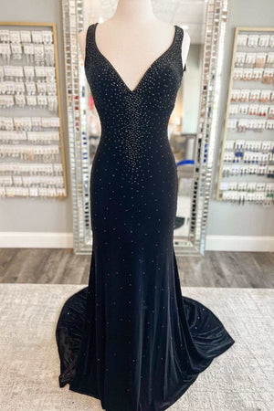Emerald Velvet V - Neck Cutout Back Mermaid Long Formal Dress - KissProm