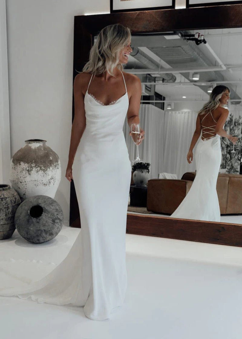 Mermaid Satin White Spaghetti-Straps Wedding Dresses With Lace-Up Back – Wedding Dress by Kissprom | Available at KissProm