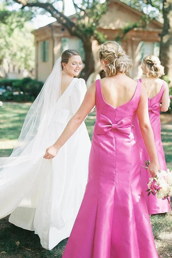Sheath Square Neck Fuchsia Satin Bridesmaid Dresses with Bow - KissProm