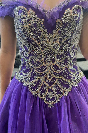 Quinceanera Dress Princess Purple Beaded Off - the - Shoulder Ball Gown - KissProm