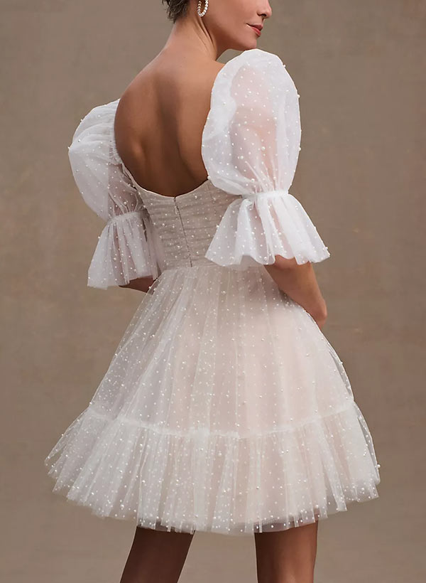 Pearl Short Reception Wedding Dresses With Bubble Sleeves