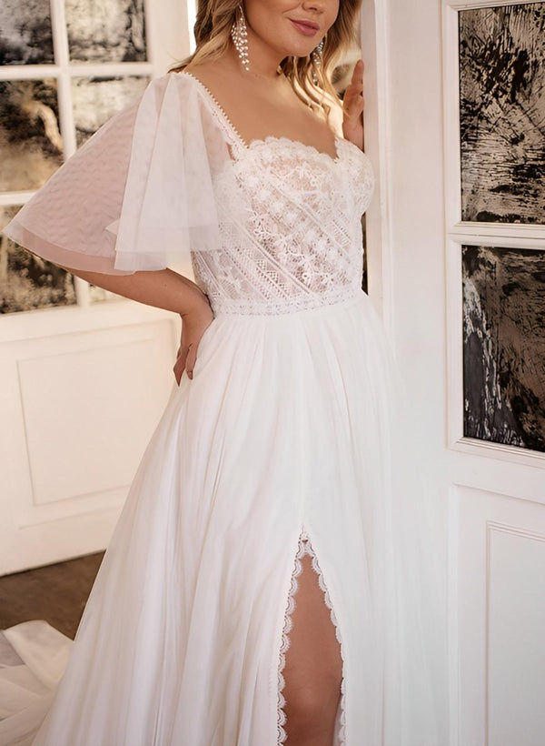 Plus Size Sweetheart Short Sleeves Sweep Train Chiffon Wedding Dresses – Wedding Dresses by Kissprom | Available at KissProm