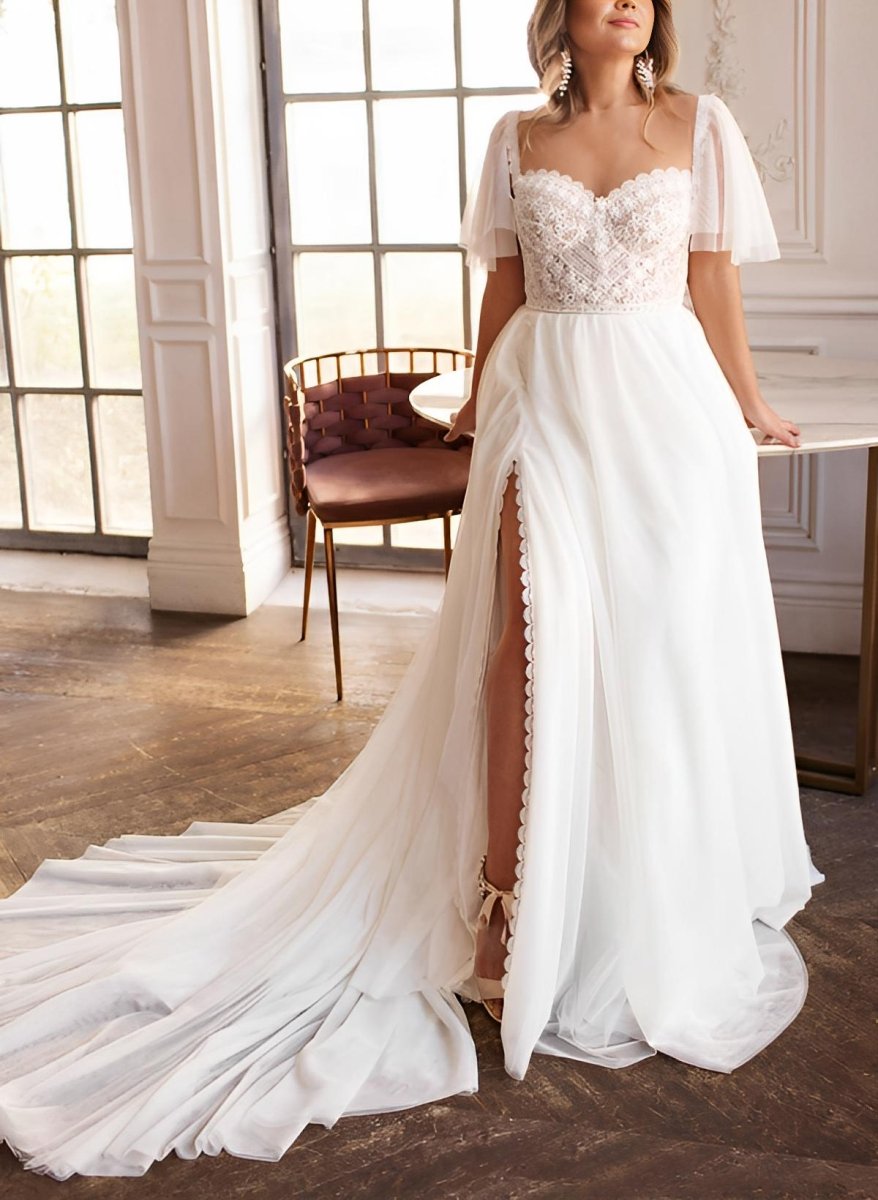 Plus Size Sweetheart Short Sleeves Sweep Train Chiffon Wedding Dresses – Wedding Dresses by Kissprom | Available at KissProm