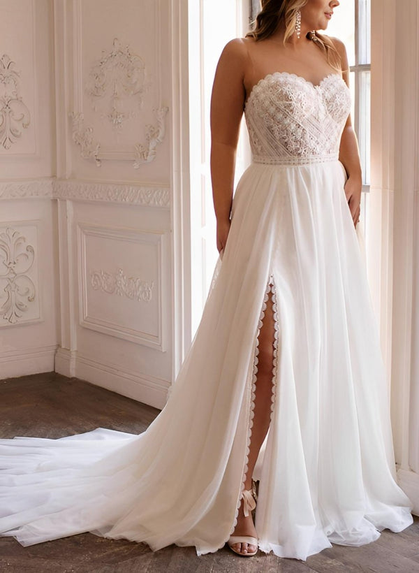 Plus Size Sweetheart Short Sleeves Sweep Train Chiffon Wedding Dresses – Wedding Dresses by Kissprom | Available at KissProm