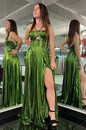 Madalyn| Metallic Keyhole Spaghetti Strap Long Prom Dress with Slit