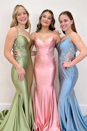 Sage Green Spaghetti Strap Backless Trumpet Long Gown - KissProm