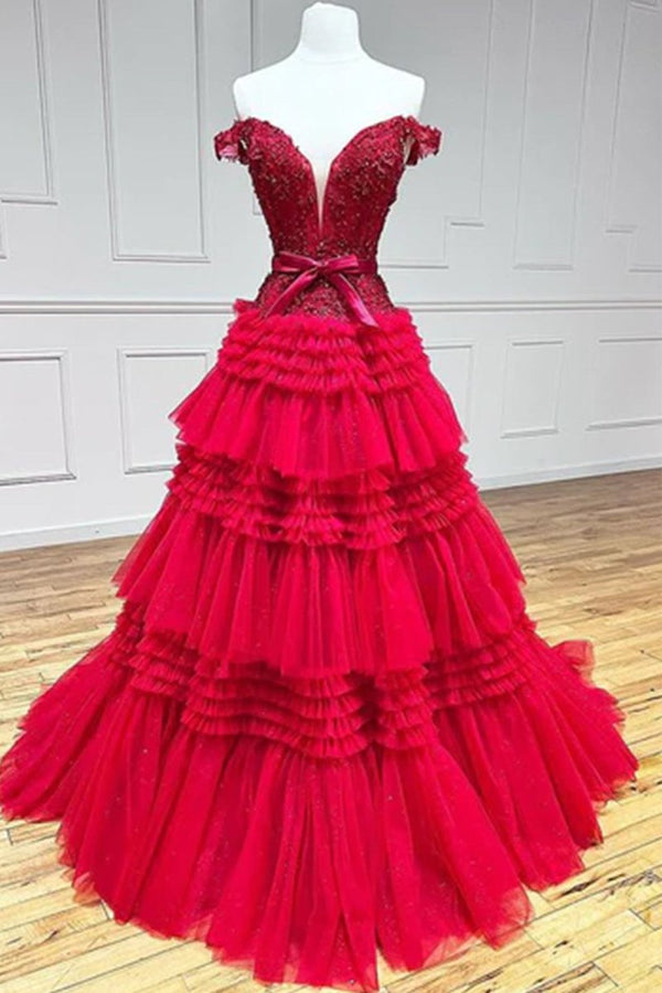 Princess A Line Off the Shoulder Light Pink Long Prom Dress with Ruffles