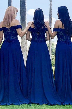 Indigo Lace Off-the-Shoulder A-Line Long Bridesmaid Dress – Bridesmaid Dresses by KissProm | Available at KissProm