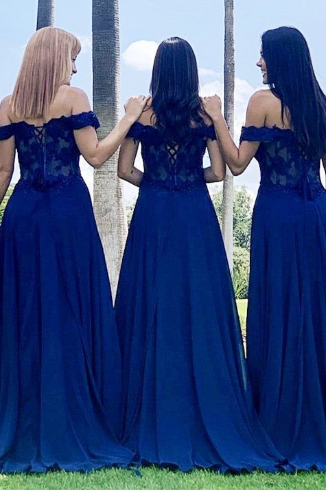Indigo Lace Off-the-Shoulder A-Line Long Bridesmaid Dress – Bridesmaid Dresses by KissProm | Available at KissProm
