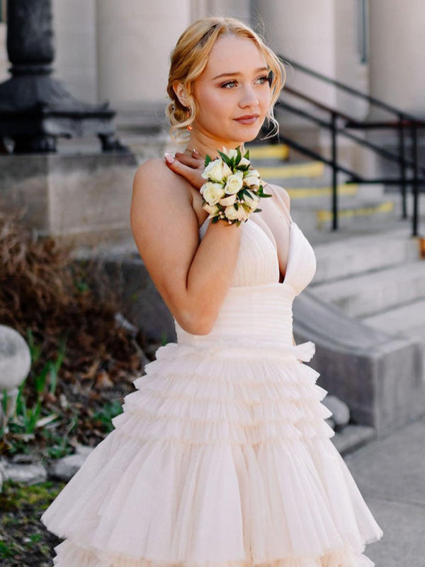 Tulle Deep V Neck Spaghetti Straps Long Prom Dress – Prom Dress by KissProm | Available at KissProm