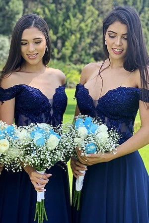 Indigo Lace Off-the-Shoulder A-Line Long Bridesmaid Dress – Bridesmaid Dresses by KissProm | Available at KissProm
