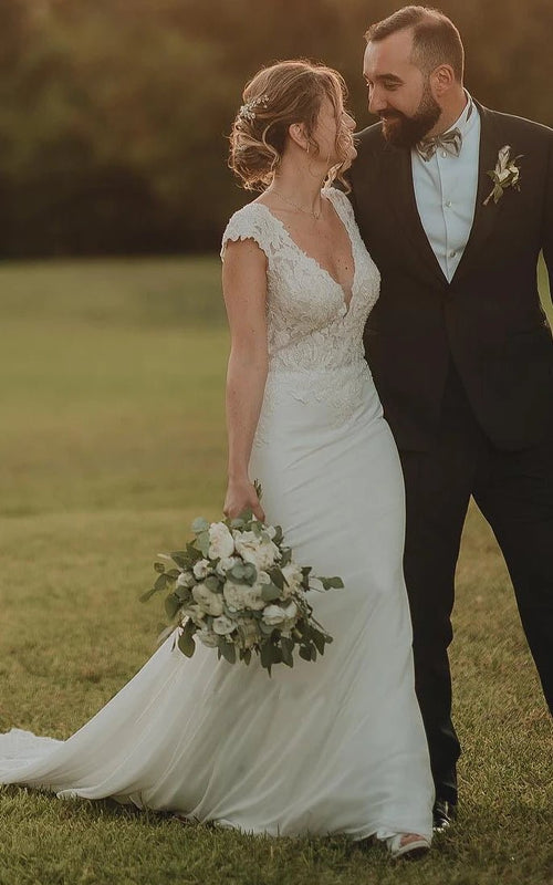 Sheath V-neck Chiffon Modern Wedding Dress With Short Sleeve And Sweep Train