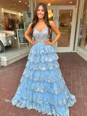 A Line Spaghetti Straps Tiered Lace Prom Dress – Prom Dress by KissProm | Available at KissProm