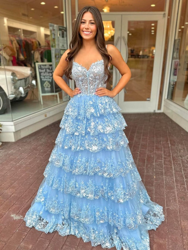 A Line Spaghetti Straps Tiered Lace Prom Dress – Prom Dress by KissProm | Available at KissProm
