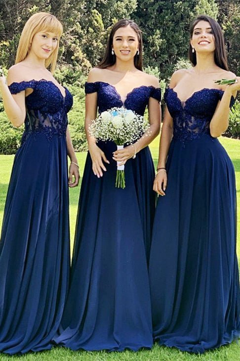 Indigo Lace Off-the-Shoulder A-Line Long Bridesmaid Dress – Bridesmaid Dresses by KissProm | Available at KissProm