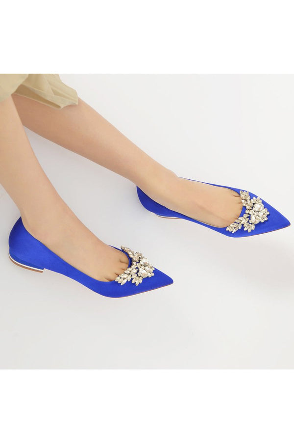 Satin Pointed Toe Rhinestone Kitten Heels - KissProm
