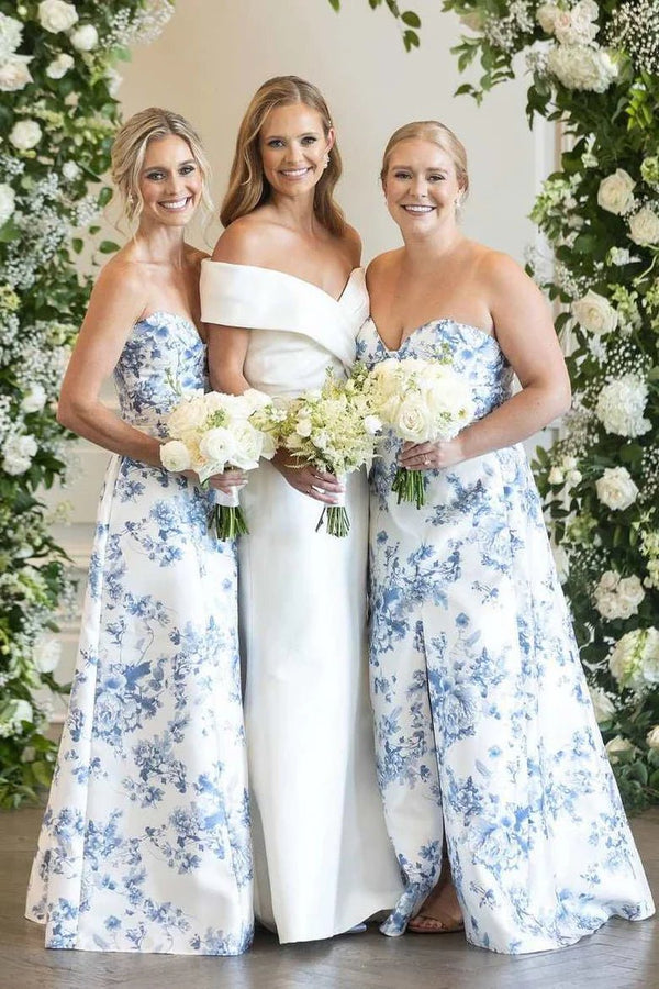 A-line Strapless Printed Floarl Satin Long Bridesmaid Dresses