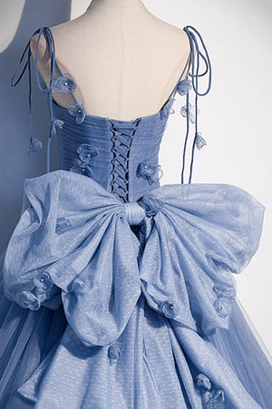 Karla | Blue Tulle Long A-Line Prom Dress Blue Spaghetti Straps Party Dress with Bow