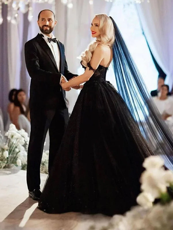 A - Line Black Gothic Wedding Dresses with Sequin Lace Appliques - KissProm