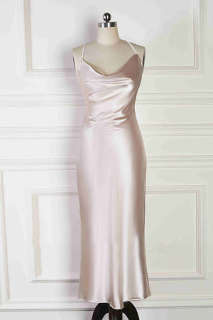 Spaghetti Straps Cowl Neck Tea-Length Champagne Sheath Bridesmaid Dress – Bridesmaid Dresses by KissProm | Available at KissProm